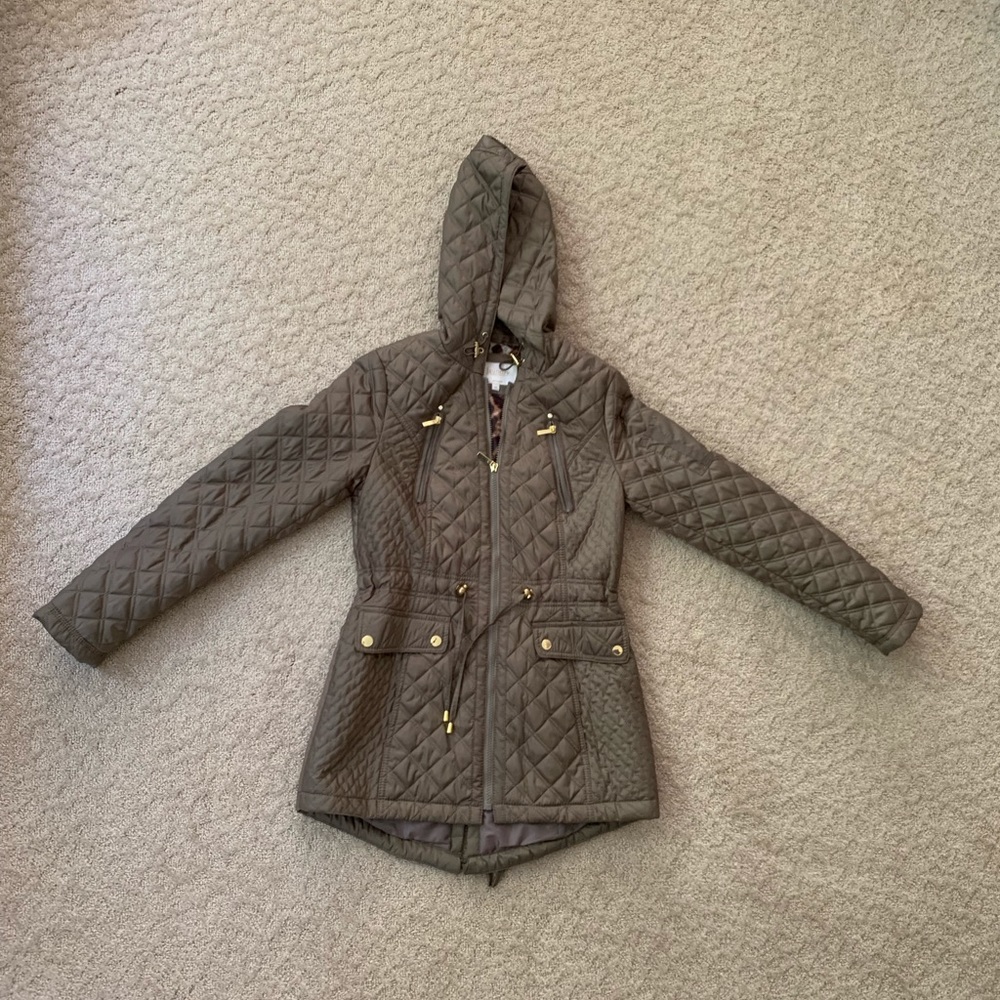 Olive green quilted jacket with gold details